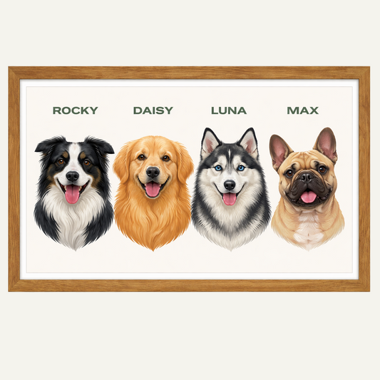 Spersonalizowany Portret Poczwórny Pupili (Drewniana Rama A3)
